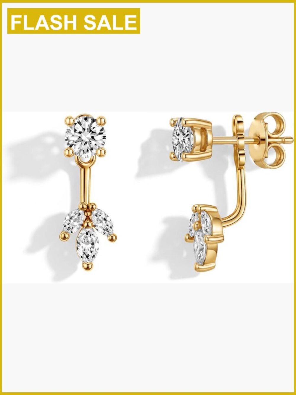 Gold Front Back Stud Earrings Cubic Zirconia Multi-Shape Dainty
